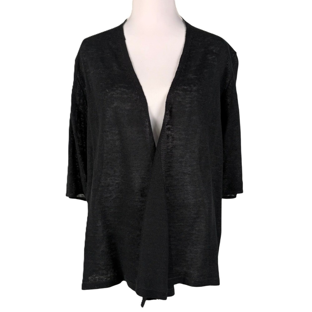 Eileen Fisher 100% Linen Open Cardigan Womens M Black Semi Sheer Lightweight